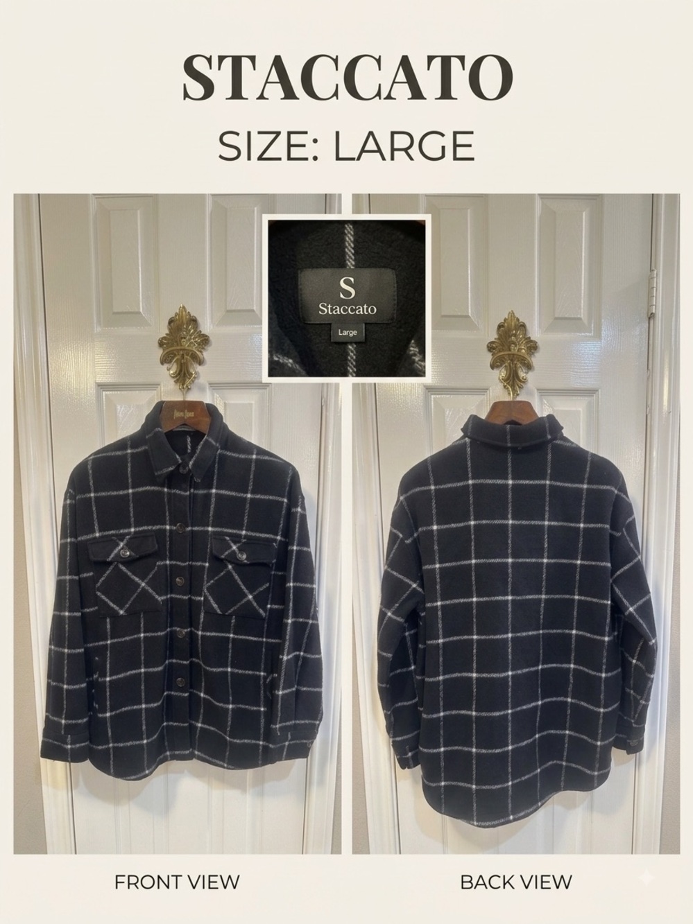 Staccato Plaid Fleece Jacket Black White Windowpane Button Front Size Large